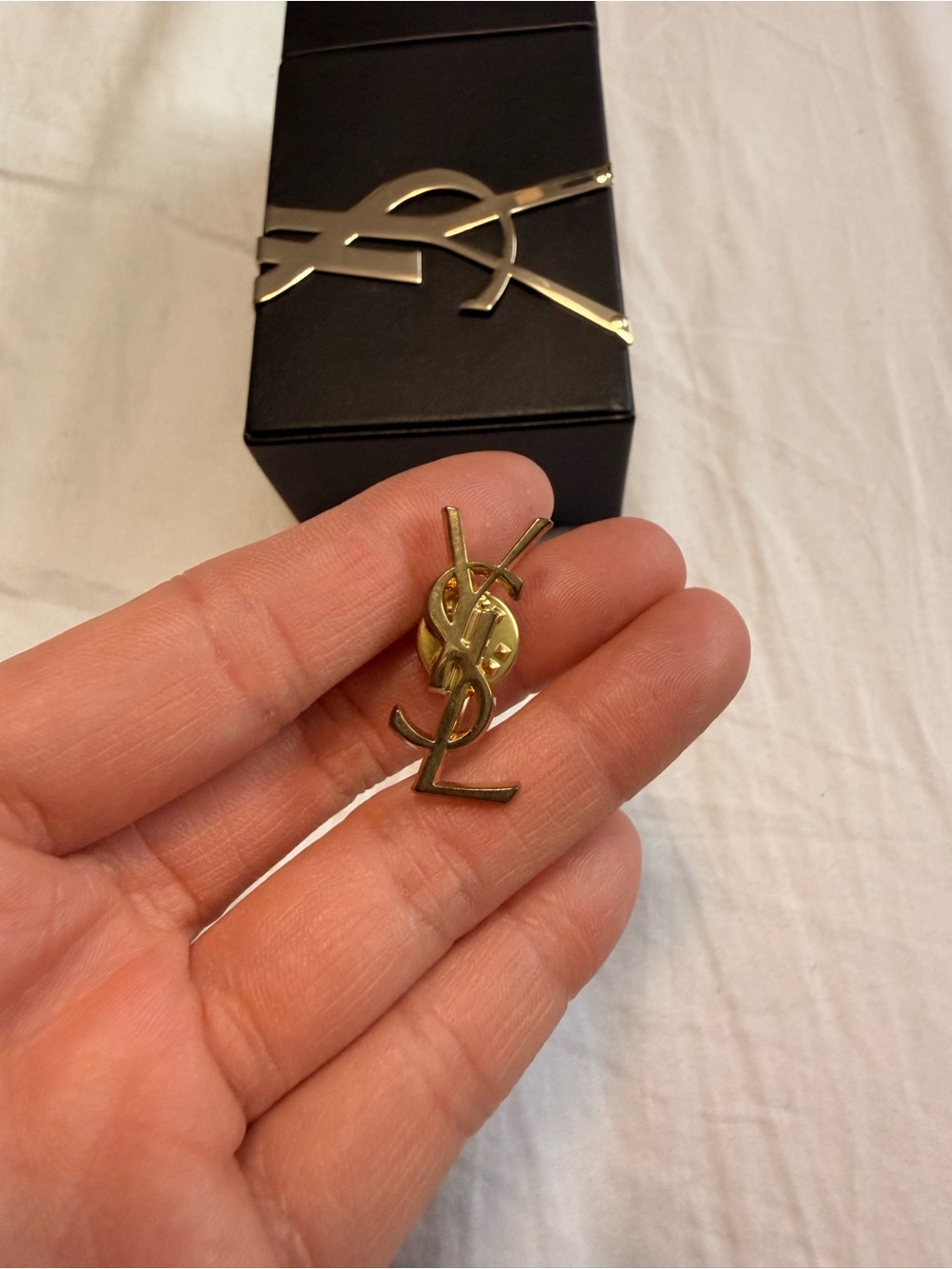 Saint Laurent Brass YSL Monogram Brooch in Gold Tone